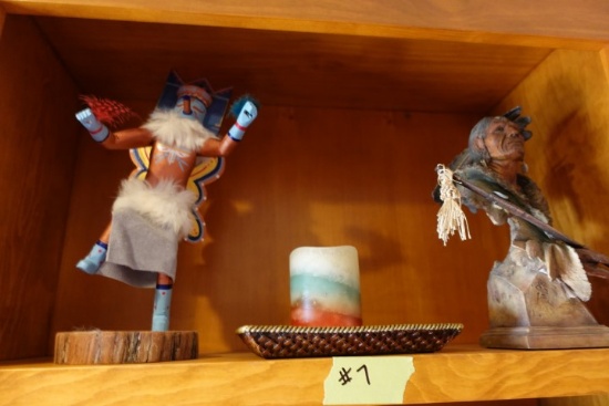 SHELF LOT WITH NATIVE AMERICAN DECORATIVES AND NATIVE AMERICAN BUTTER FLY D