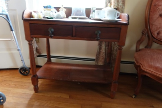ANTIQUE WASH STAND WITH BRASS TEAR DROP PULLS BACK SPLASH 30 INCH X 17 INCH