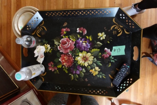 ANTIQUE LUGGAGE RACK AND HAND PAINTED TOWLE TRAY