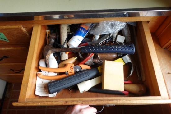 DRAWER LOT HAND TOOLS OYSTER KNIVES HARDWARE ETC