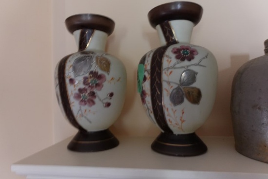 TWO HAND MADE VASES WITH EMBOSSED FLORAL DESIGN APROX 10 INCH