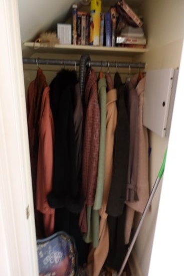 CONTENTS CLOSET VINTAGE COATS HAND PAINTED TRAY VHS TAPES AND MORE