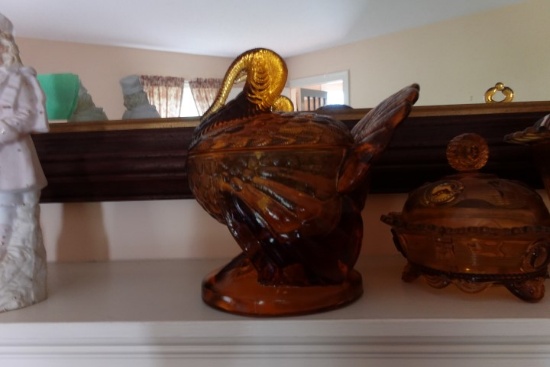 4 PC AMBER GLASS INCLUDING TURKEY ON NEST COVERED CANDY AND COIN DISH