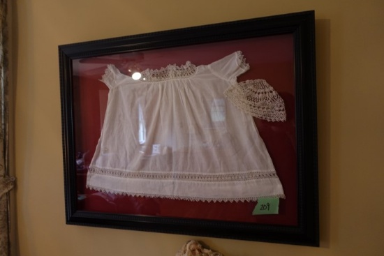 VINTAGE CHRISTENING DRESS AND HAT FRAMED UNDER GLASS APPROX 34 X 26