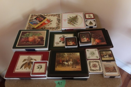 TABLE LOT INCLUDING PIMPERNEL CORK BACK PLACE MATS AND COASTER AND SPODE