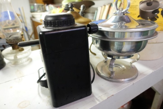 TWO ROUND CHAFFING DISHES BRASS AND ALUMINUM AND ESPRESSO MAKER
