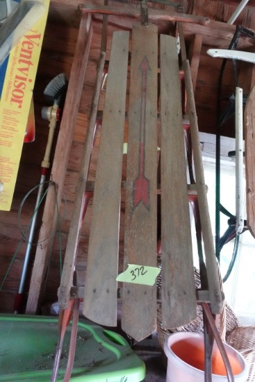 LARGE VINTAGE WOODEN SNOW SLED FLEXIBLE FLYER AND LOT OF CHRISTMAS DECORATI