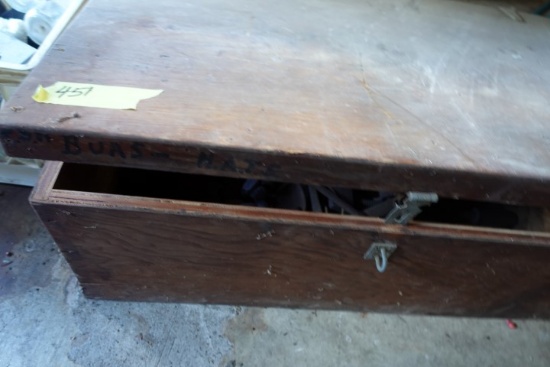 PLYWOOD CHEST 3' WITH ANTIQUE TOOLS  ETC
