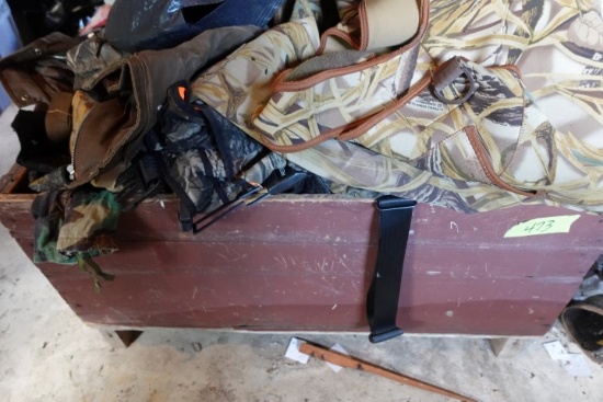 WOODEN BOX FULL OF HUNTING GEAR TURKEY DECOYS BOOTS COATS PANTS AND MORE