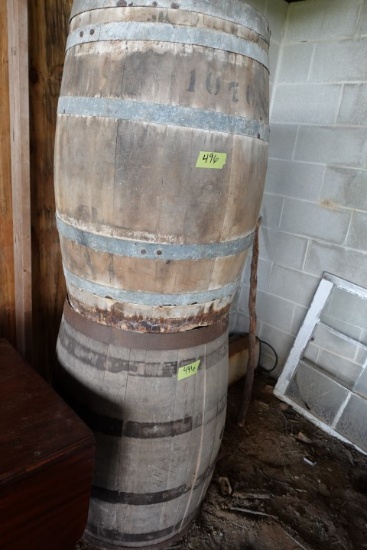 2 ANTIQUE WOODEN BARRELS APPROX 50 GAL