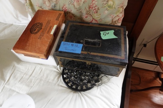 ANTIQUE STRONG BOX CIGAR BOX AND TRIVETS