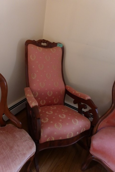 ANTIQUE UPHOLSTERED ROCKER WITH MAHOGANY TRIM