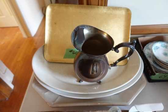 3 LARGE IRONSTONE MEAT PLATTERS AND SILVERPLATE WATER PITCHER AND GOLD COLO