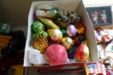 BOX OF MERCURY GLASS CHRISTMAS ORNAMENTS MOSTLY FRUIT AND VEGETABLES