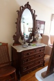VICTORIAN MARBLE TOP DRESSER WITH CARVED FRAME WOODEN PULLS BRASS KEYHOLES