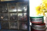 WOODEN CABINET AND CONTENTS WITH FASTENERS CAR WAXES ELECTRICAL COMPONENTS
