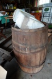 VINTAGE WOODEN BARREL WITH METAL RIM STANDS 28 INCH TALL