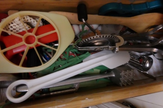 DRAWER WITH UTENSILS WOODEN SPOONS MIXER CORK SCREW AND MORE