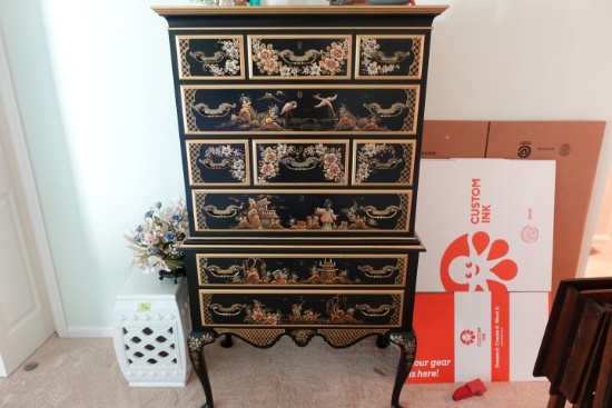 JAPANESE STYLE CHEST ON CHEST WITH PULL OUT DESK QUEEN ANNE CARVED LEGS 32