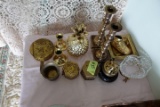 TABLE LOT BRASS INCLUDING BRASS CANDLE STICKS TEA BOXES ASH TRAYS BABY SHOE