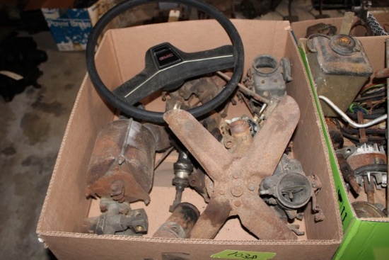 BOX MISC AUTO PARTS INCLUDING CARB WATER PUMPS STEERING WHEEL