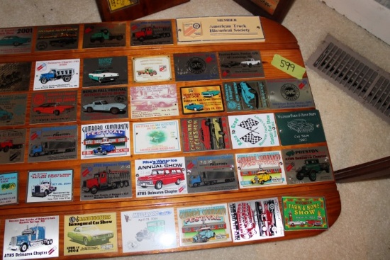 LARGE LOT CAR SHOW PLAQUES MOUNTED ON WOOD APPROX 75
