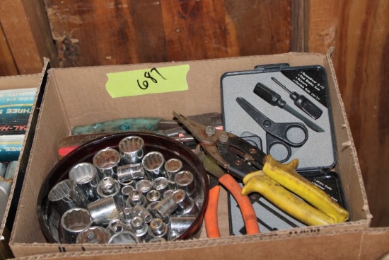 BOX OF TOOLS INCLUDING SHEARS PLIERS SOCKETS SCREW DRIVERS