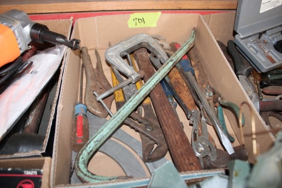 LOT OF TOOLS INCLUDING PRY BARS HAMMERS WRENCHES PLIERS