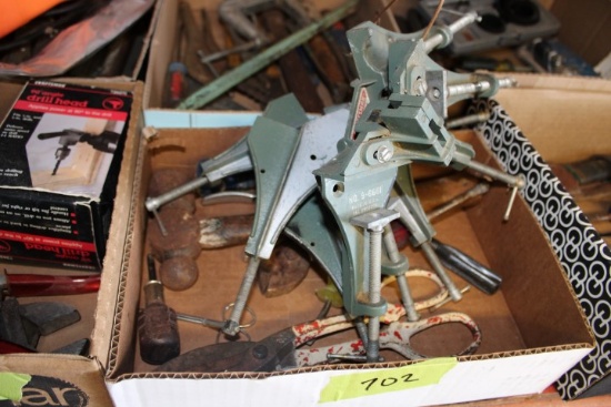 LOT OF TOOLS INCLUDING CORNER CLAMPS PLIERS AND MORE
