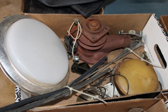 BOX WITH MISC AUTO PARTS INCLUDING WATER PUMPS LIGHTS AND MORE
