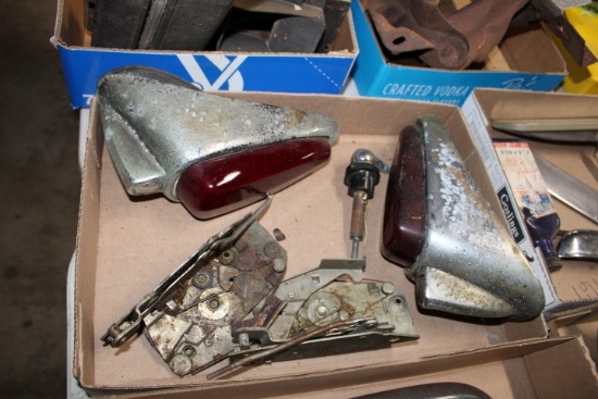 BOX WITH VINTAGE HUDSON TAIL LIGHTS AND MISC AUTO PARTS