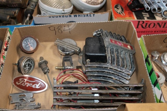EARLY CAR PARTS INCLUDING FORD EMBLEMS GAUGES FUEL TAC FUEL CAPS AND MORE