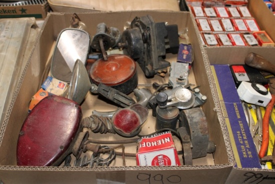 BOX WITH VINTAGE AUTO PARTS LIGHTS DOOR OPENERS FUEL PUMP IGNITION SWITCHES