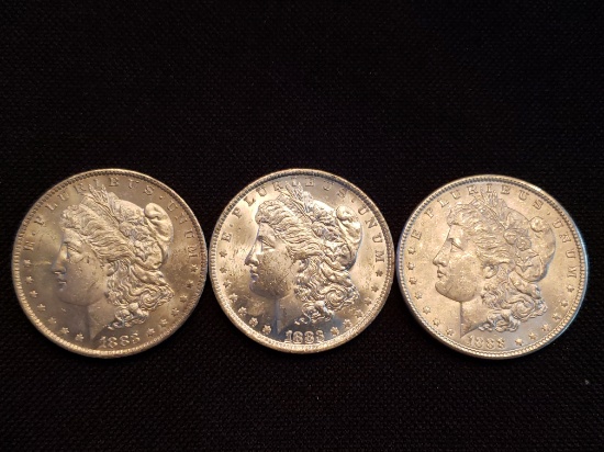 3- 1883 O Morgan Silver Dollars Lot