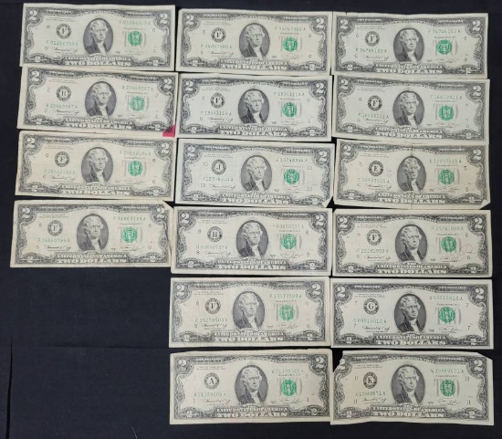 US Two Dollar Bills Lot of 16 Total