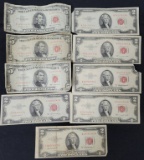 Lot of 9 US Red Note Paper Currency