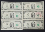 Six US Two Dollar Bill Note Lot