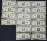 US Two Dollar Bills Lot of 16 Total