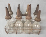 Lot of 8 Quart Oil Jars and Metal Carrier
