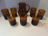 (7) Mouth Blown Tumblers & Pticher