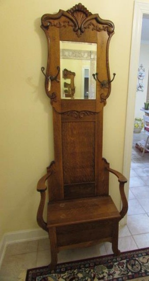 Antique Oak Hall Tree With Carved and Applied