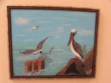 Framed Oil Painting--The Sea Gulls and the