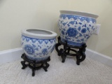 (2) Blue & White Ceramic Planters on Wooden