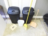 Assorted Indoor Trash Cans, Mop, Broom, Dustpan,