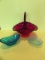(3) Colored Glass Items:  Red Basket, Blue Dish,