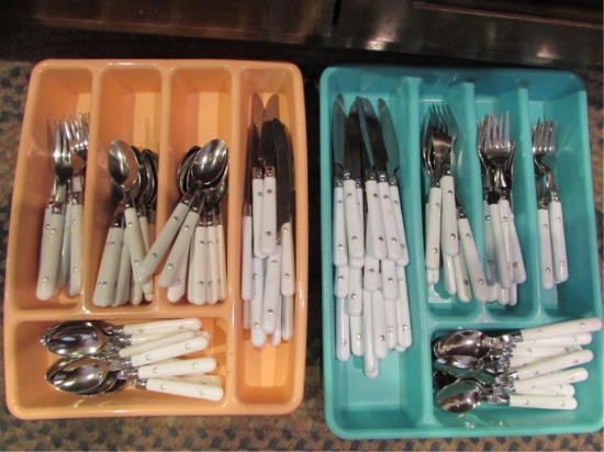 Stainless Flatware with White Handles:  (33)