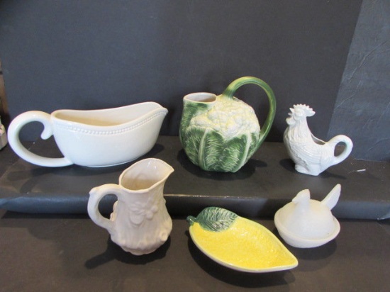 Gravy Boat, Assorted Pitchers, Milk Glass Hen on