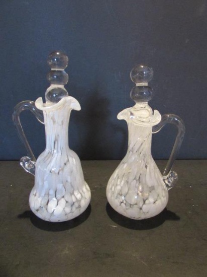 (2) Hand Blown Splatter Glass Swirl Cruets with