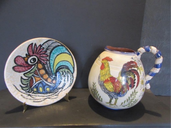 Ceramic Rooster Pitcher and Chicken Bowl--J. Roig