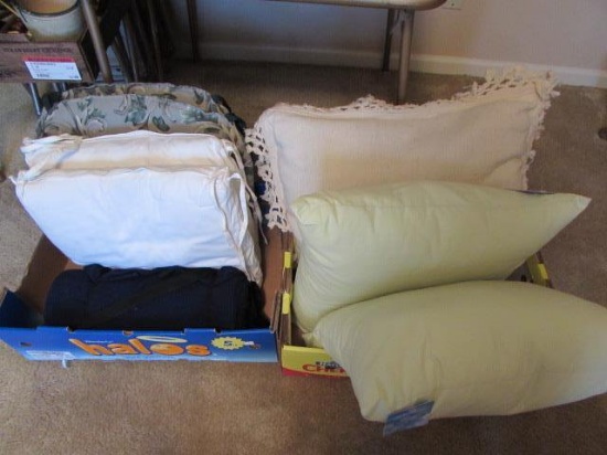 (2) Boxes of Decorative Pillows, Chair Cushions,